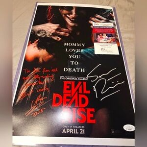Sam Raimi and Alyssa Sutherland SIGNED 'EVIL DEAD RISE 11x17 INSCRIPTION AND JSA